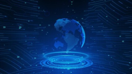 Futuristic HUD interface rotating globe circuits, advanced digital systems, data visualization, global networks, cybersecurity, smart technology, information control, immersive deep tech design. - Powered by Adobe