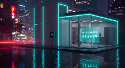 Obraz premium Modern glass building illuminated by vibrant cyan neon lights in a wet urban night, displaying a futuristic holographic interface.