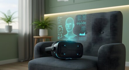 A virtual reality headset sits on a chair, displaying a holographic interface with facial data.