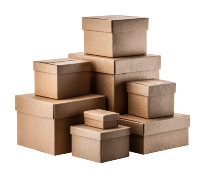 Delivering brown cardboard boxes warehouse still life isolated on transparent background