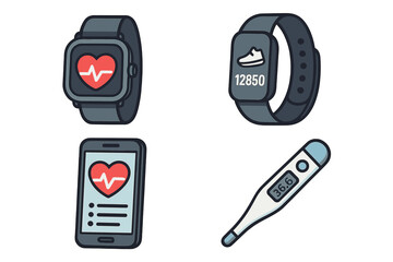 Health monitoring icons. Wearable technology for fitness and healthcare. Smartwatch with heart rate, fitness tracker showing steps, phone health app, and digital thermometer. Vector.