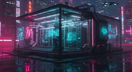 Futuristic server room with glowing neon displays and complex machinery, set against a backdrop of a vibrant cyberpunk cityscape at night.