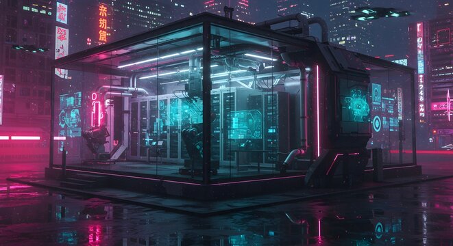 Futuristic server room with glowing neon displays and complex machinery, set against a backdrop of a vibrant cyberpunk cityscape at night.