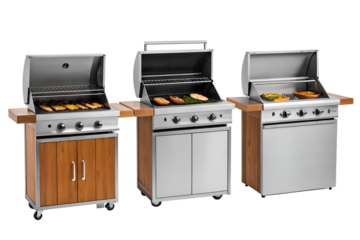 Three modern stainless steel gas grills, showcasing various cabinet styles including elegant wood and sleek metal, perfect for upscale outdoor cooking