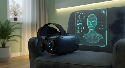 VR headset resting on a chair in a room, holographic face projection.