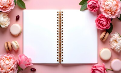 A romantic flat lay featuring an open spiral notebook with blank pages, framed by beautiful pink roses and delicious macarons on a pink background.