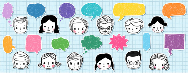 Cute hand drawn vector faces and doodle speech bubbles, fun people illustrations and empty text dialogs for graphic design
