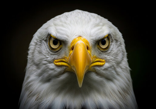 Portrait of a bald eagle close up looking at the camera with piercing yellow eyes majestic bird wildlife animal