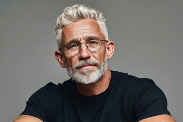 Obraz premium Confident senior man with silver hair and round glasses