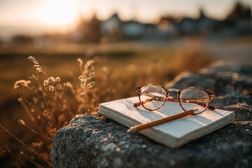 Glasses and pencil on notebook at golden hour