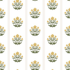 Floral block print with stripes. Vector farmhouse seamless pattern decorated small ditsy flowers, wildflowers. Cute grandmillennial style for textile design, wallpaper, repeat background, wrap paper.