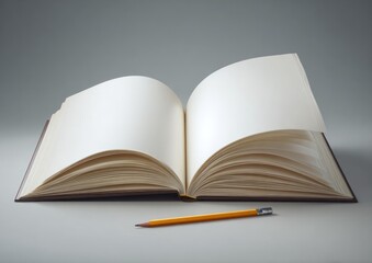Fototapeta premium Open book with pencil on gray background