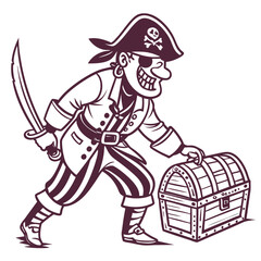 Vector art of a cunning pirate guarding a treasure chest with a sword, , ready to protect his loot