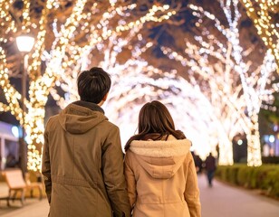 ホワイトイルミネーションを楽しむカップル