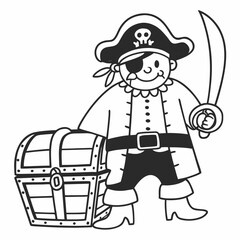 Vector art of black and white cartoon pirate with treasure chest and sword, great for coloring pages and adventure tales