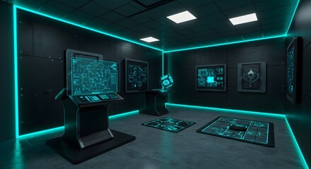 Futuristic control room with interactive holographic displays and glowing teal accents.