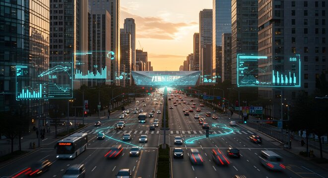 Urban cityscape at sunset with futuristic digital overlays showing data streams and traffic flow.