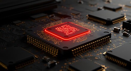 A powerful red glowing CPU with an intricate digital symbol on a dark futuristic circuit board.
