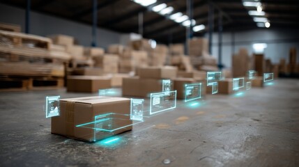 Abstract digital inventory management interface overlaying storage warehouse with stacked parcels, illustrating advanced tracking technology and logistics efficiency