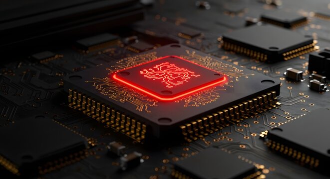 A powerful red glowing CPU with an intricate digital symbol on a dark futuristic circuit board.