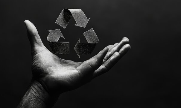 Create an image of a hand holding the recycle symbol with plenty of copy space, symbolizing environmental consciousness, Generative AI