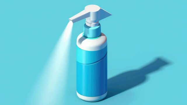 A blue bottle with a white pump placed on a blue surface