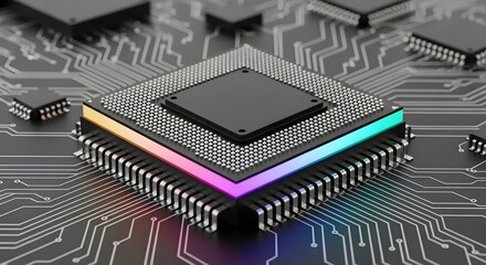 A modern computer processor with colorful lighting, showcasing technology and innovation.