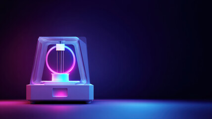Futuristic 3D printer with a vibrant neon light effect, showcasing technological innovation and modern design.