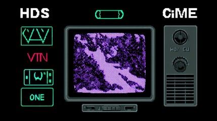 Retro TV screen displaying pixelated purple image.  Interface with controls