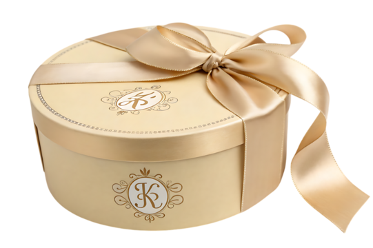 Elegant round gift box with a gold satin ribbon bow