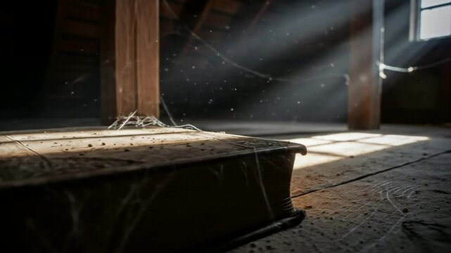 Discovering Dusty, Ancient Book Covered in Cobwebs in Abandoned Attic with Sunbeams
