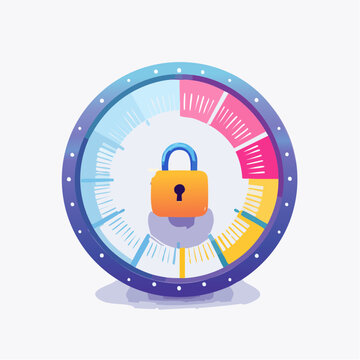Ikona cyberbezpieczeństwa &ndash; tarcza z zamkiem, flat design, neonowe kolory, minimalizm.