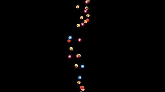 Social Media Live Style Emoji With Black Background Chroma Key 4k Loop Video. Live Streaming Style Particales Icon. Emojis Of Heart Likes Heart Eyes Flying Moveing Animation Up Direction Alpha Chenel.