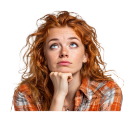 Contemplative young woman portrait thoughtful isolated on transparent background