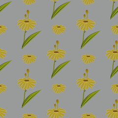 ​A seamless pattern of bright yellow flowers with green stems and leaves, designed on a light gray background.