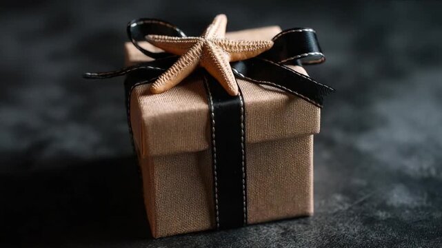 A decorative gift box with a starfish and black ribbon sits on a dark textured surface