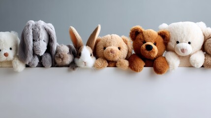 Adorable plush stuffed animals including rabbits and bears peeking over a blank white banner with soft lighting and playful expression, perfect for inviting and charming scenes