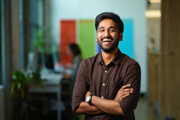 Portrait of a smiling young professional man in office business headshot stock photo image