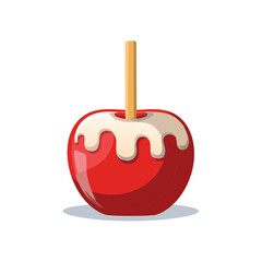 Obraz premium Cartoon Red Candy Apple Topped with Cream Caramel Drizzle on Wooden Stick