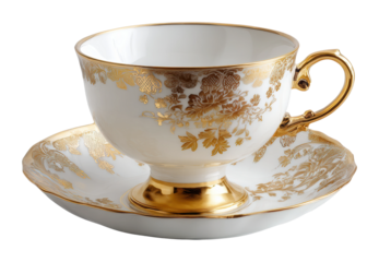 Elegant tea cup with saucer displayed in luxurious isolated on transparent background