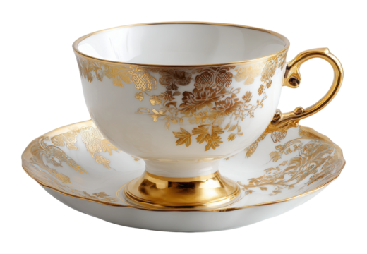 Elegant tea cup with saucer displayed in luxurious isolated on transparent background