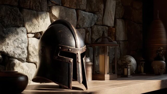Close up of a weathered medieval helmet on a wooden surface against a stone wall