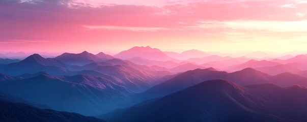 Create a dreamy image of stylized mountains with a soft pink sky, evoking a serene and peaceful atmosphere, Generative AI
