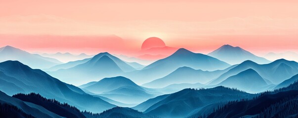 Create a dreamy image of stylized mountains with a soft pink sky, evoking a serene and peaceful atmosphere, Generative AI