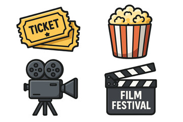 Film festival icon set. Cinema movie night elements collection with retro camera, clapperboard, popcorn and ticket. Vector cartoon illustration for entertainment design.