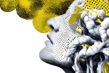 Trendy abstract cutout brain with a halftone dot pattern