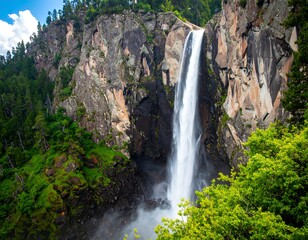 Majestic waterfall cascading down rocky mountain face. Lush greenery surrounds