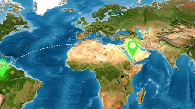global travel route pinpointing destination on world map