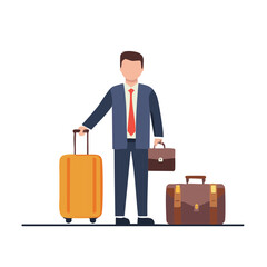 Flat illustration of a businessman with luggage, briefcase and suitcase for business trips