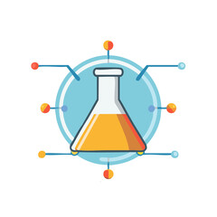 Chemical laboratory flask illustration with orange liquid connected to network nodes forming a technological system depiction